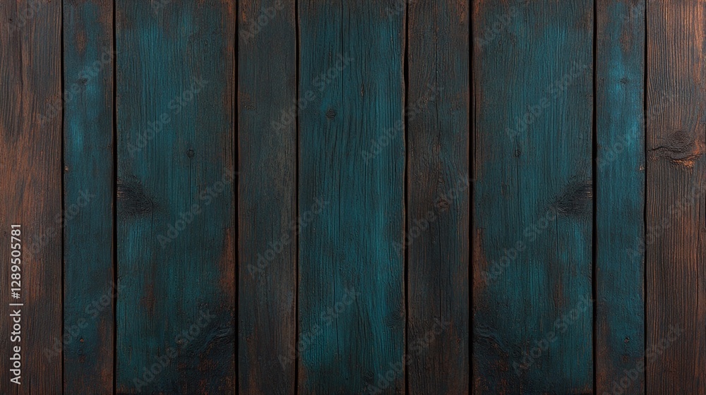 Naklejka premium Dark teal wood planks, deep rustic finish, moody minimalistic background, refined grain texture, copy space for text, bold accent color, sophisticated interior style