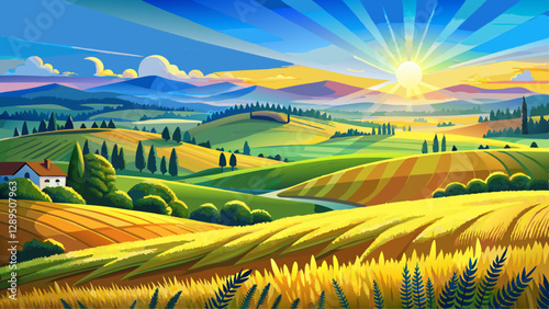 Golden Hour over Golden Fields: A panoramic vista of sun-drenched wheat fields, rolling hills, and a vibrant blue sky, evoking tranquility and rural 