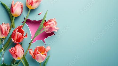 beautiful tulips on blue background