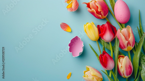 beautiful tulips on blue background
