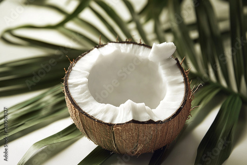 Coconut on green leaves captured during a bright sunny day in a tropical setting