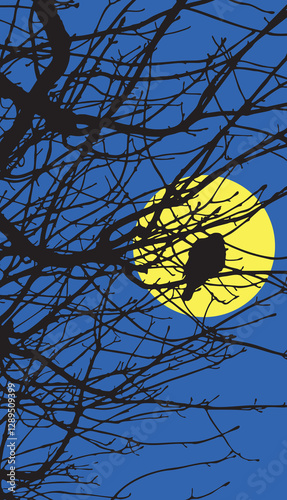 Pigeon sat on branch with moon silhouette