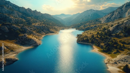 Breathtaking mountain lake with clear blue water and majestic peaks at sunset