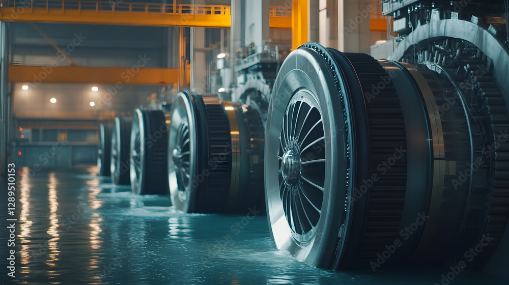 A close-up of the turbines inside a hydroelectric power plant showcasing intricate machinery.