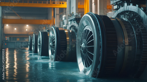 Obraz na płótnie A close-up of the turbines inside a hydroelectric power plant showcasing intricate machinery. w salonie