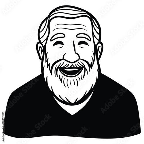 elderly man, joyful expression, Black and white portrait, wide smile, beard, wrinkles, expressive eyes, bushy eyebrows, wavy hair, high contrast, minimalist design, stylized illustration, 