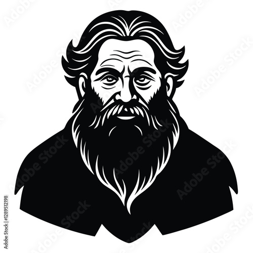 elderly man, joyful expression, Black and white portrait, wide smile, beard, wrinkles, expressive eyes, bushy eyebrows, wavy hair, high contrast, minimalist design, stylized illustration, 