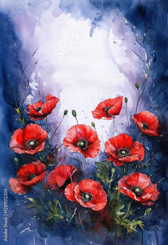 Indigo Watercolor Background With Striking Red Poppies , for Remembrance Day, Memorial Day, Anzac Day, Copy space