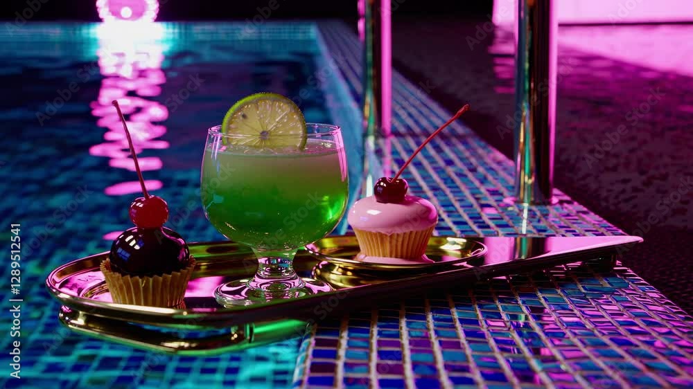 Golden tray with green cocktail decorated with a slice of lime, a pink cupcake with a cherry and a chocolate bonbon on the edge of a pool illuminated with pink neon light