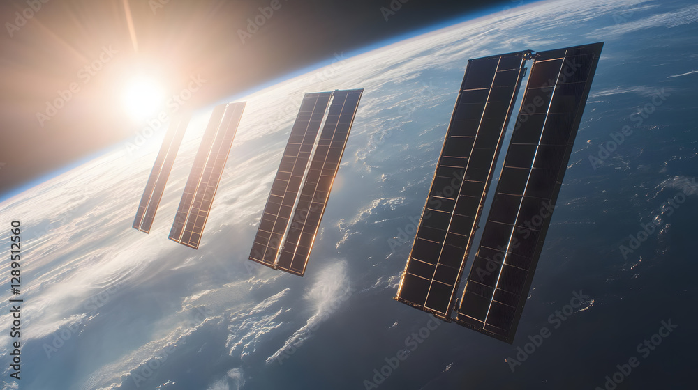 A conceptual image of solar panels in space orbiting Earth and capturing sunlight.