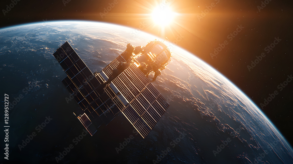 A conceptual image of solar panels in space orbiting Earth and capturing sunlight.