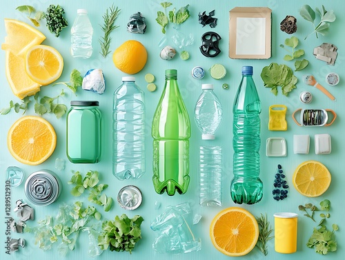 Recycled materials, sorted waste, eco-friendly display, environmental awareness photo