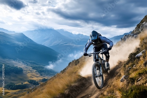 Mountain biker in full gear speeding down a rugged trail on a steep hillside, kicking up dust. Extreme sports and outdoor adventure concept.

