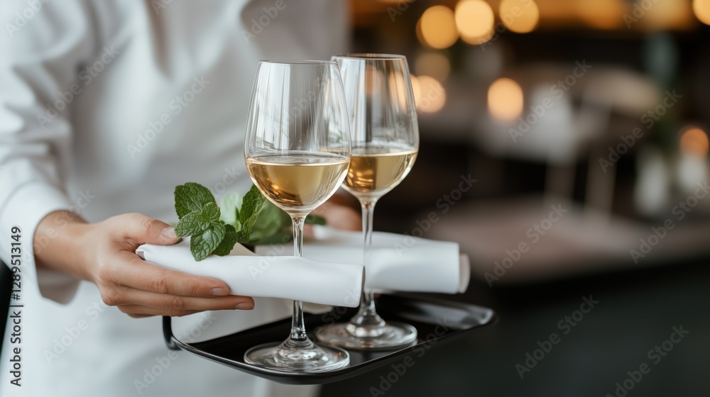 Waiter in a white uniform serving two glasses of white wine on a tray with a napkin and fresh mint. Elegant fine dining and hospitality concept.
Waiter in a white uniform serving two glasses of white wine on a tray with a napkin and fresh mint. Elegant fine dining and hospitality concept.