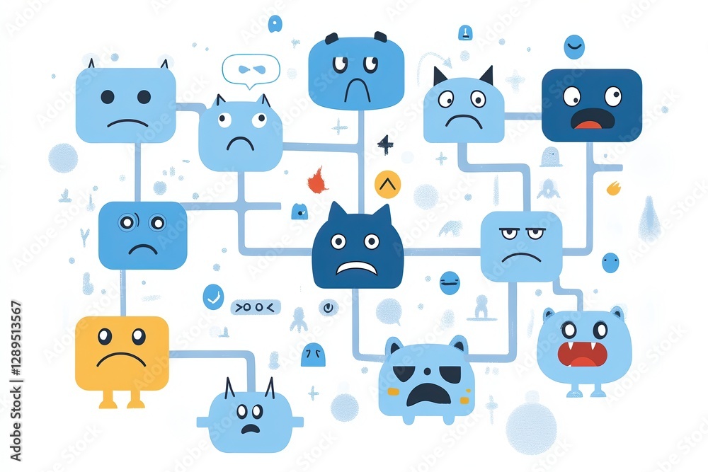 Obraz premium Playful abstract network of cartoonish blue emotional faces, illustrating feelings, moods, and psychological interactions in a creative digital design.