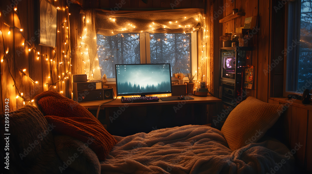 A cozy gaming nook with fairy lights a single monitor on a rustic desk and plush seating for ultimate comfort.