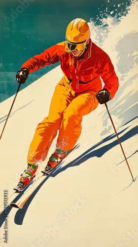 An intense skier in vibrant orange attire expertly navigates a steep and snowy mountainside, highlighting focus and agility in an exhilarating descent.