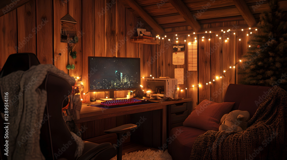 A cozy gaming nook with fairy lights a single monitor on a rustic desk and plush seating for ultimate comfort.