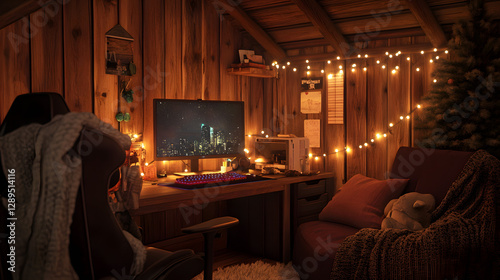 Obraz na płótnie A cozy gaming nook with fairy lights a single monitor on a rustic desk and plush seating for ultimate comfort. w salonie