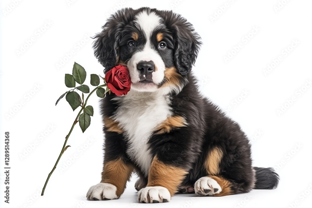 Adorable Bernese Mountain Dog puppy sitting on a white background, gently holding a red rose in its mouth. Cute and romantic pet concept.
Adorable Bernese Mountain Dog puppy sitting on a white background, gently holding a red rose in its mouth. Cute and romantic pet concept.