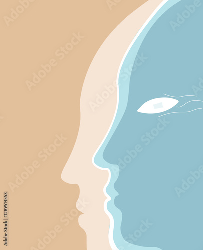 Abstract simple poster. Profile silhouette of a person’s face in the form of a seashore, beach, water. Vector graphics.