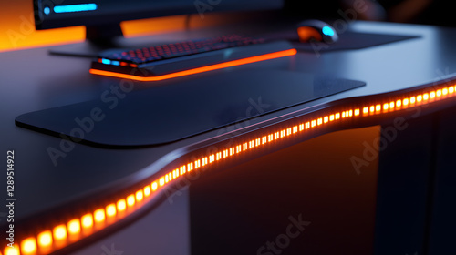 A custom-built gaming desk featuring hidden cable management integrated charging ports and under-desk RGB lighting.