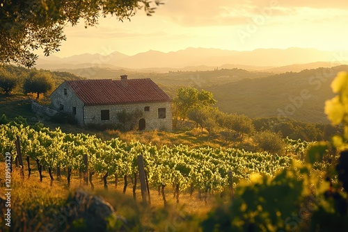  Vineyard in Istria, rows of grapevines on rolling hills, sunlight through green leaves, stone farmhouse with red-tiled roof, olive trees, distant mountains in hazy horizon.