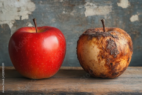  Side-by-side comparison of fresh and rotting apple, vibrant red apple with smooth skin on left, shriveled brown apple with wrinkles and dark spots on right, wooden surface.