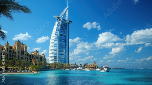 Iconic burj al arab with luxury yachts and blue sky in dubai seascape