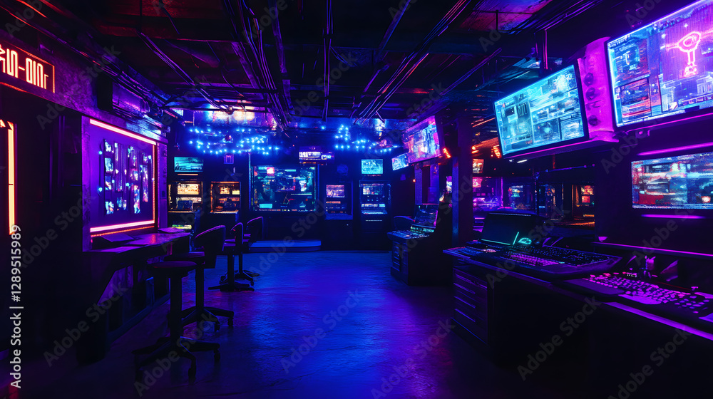A cyberpunk-themed gaming setup with dark tones neon purple and blue lighting and sci-fi decor elements.