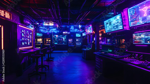Obraz na płótnie A cyberpunk-themed gaming setup with dark tones neon purple and blue lighting and sci-fi decor elements. w salonie