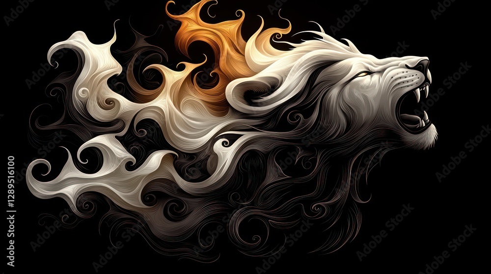 A roaring lion rendered with artistic details on a black backdrop A roaring lion rendered with artistic details on a black backdrop