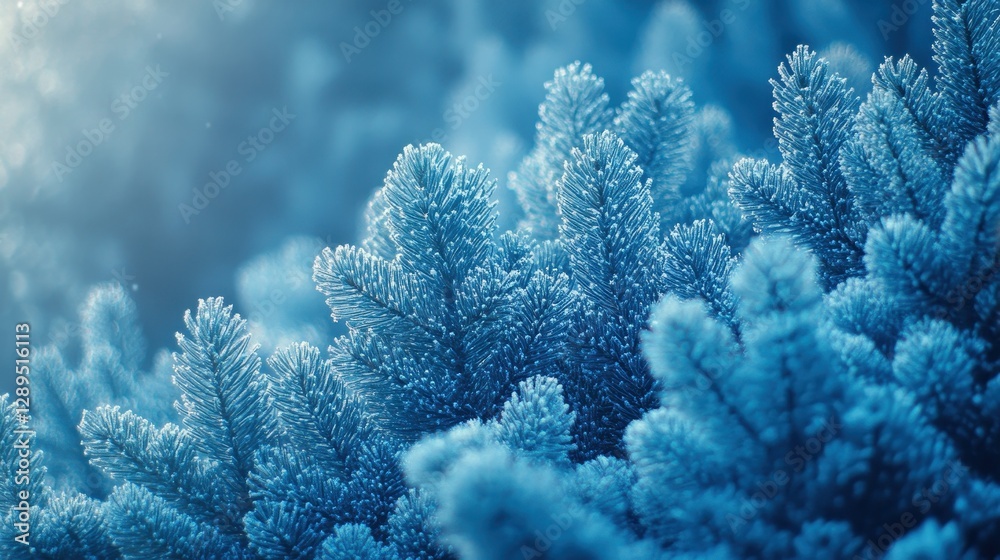 Fototapeta premium Frost-covered blue pine branches in winter wonderland