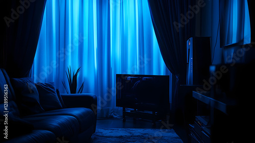 Obraz na płótnie A dark and moody gaming setup with blackout curtains deep blue lighting and a custom-built PC with water-cooled components. w salonie