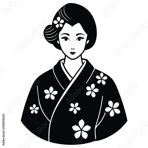 Japanese geisha silhouette, black and white illustration, floral background, cherry blossoms, traditional kimono, hair ornament, stylized portrait, symmetrical composition, graphic art style, 