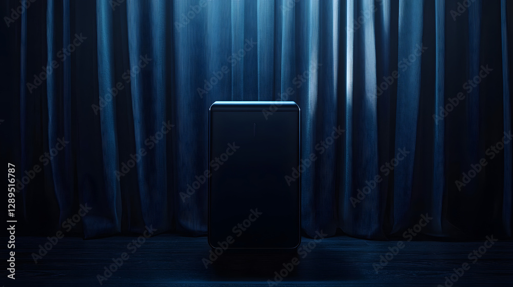 A dark and moody gaming setup with blackout curtains deep blue lighting and a custom-built PC with water-cooled components.