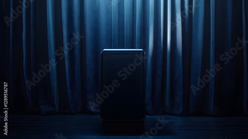 Obraz na płótnie A dark and moody gaming setup with blackout curtains deep blue lighting and a custom-built PC with water-cooled components. w salonie