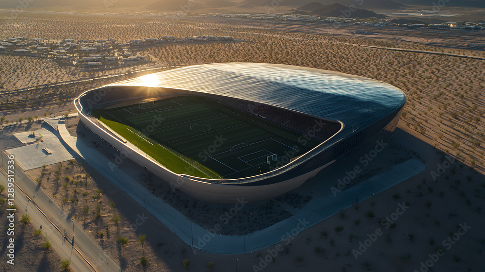 A desert football stadium with a sleek aerodynamic roof designed to withstand high winds and extreme heat.