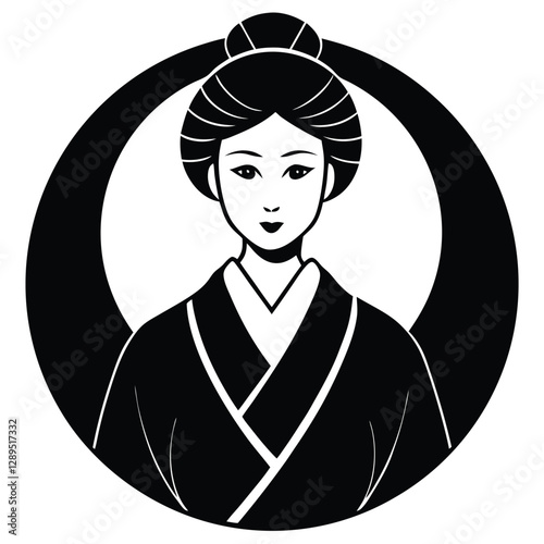 Japanese geisha silhouette, black and white illustration, floral background, cherry blossoms, traditional kimono, hair ornament, stylized portrait, symmetrical composition, graphic art style, 