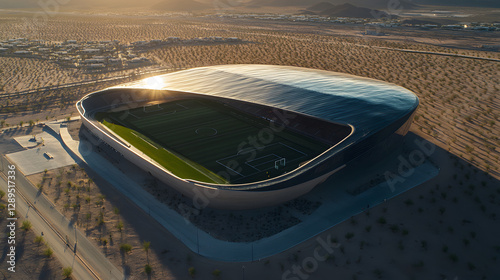 Obraz na płótnie A desert football stadium with a sleek aerodynamic roof designed to withstand high winds and extreme heat. w salonie