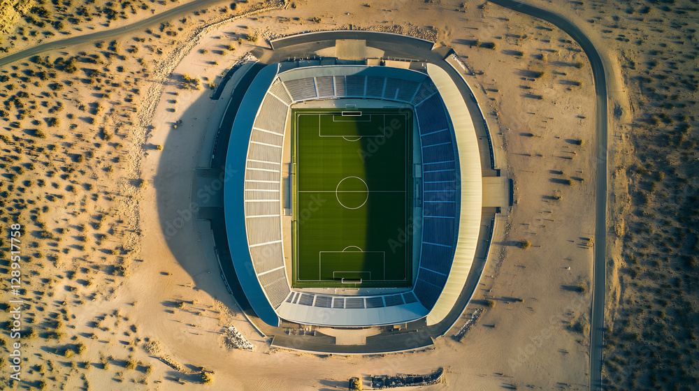 A desert football stadium with a sleek aerodynamic roof designed to withstand high winds and extreme heat.
