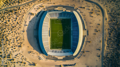 Obraz na płótnie A desert football stadium with a sleek aerodynamic roof designed to withstand high winds and extreme heat. w salonie