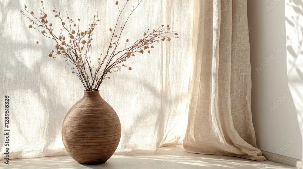 Minimalist decor with ceramic vase and dried branches by sunlit curtains Minimalist decor with ceramic vase and dried branches by sunlit curtains