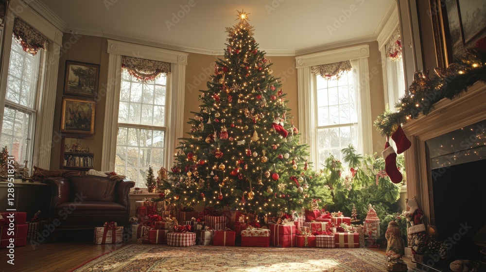 Obraz premium Festive christmas living room with decorated tree and presents by the fireplace