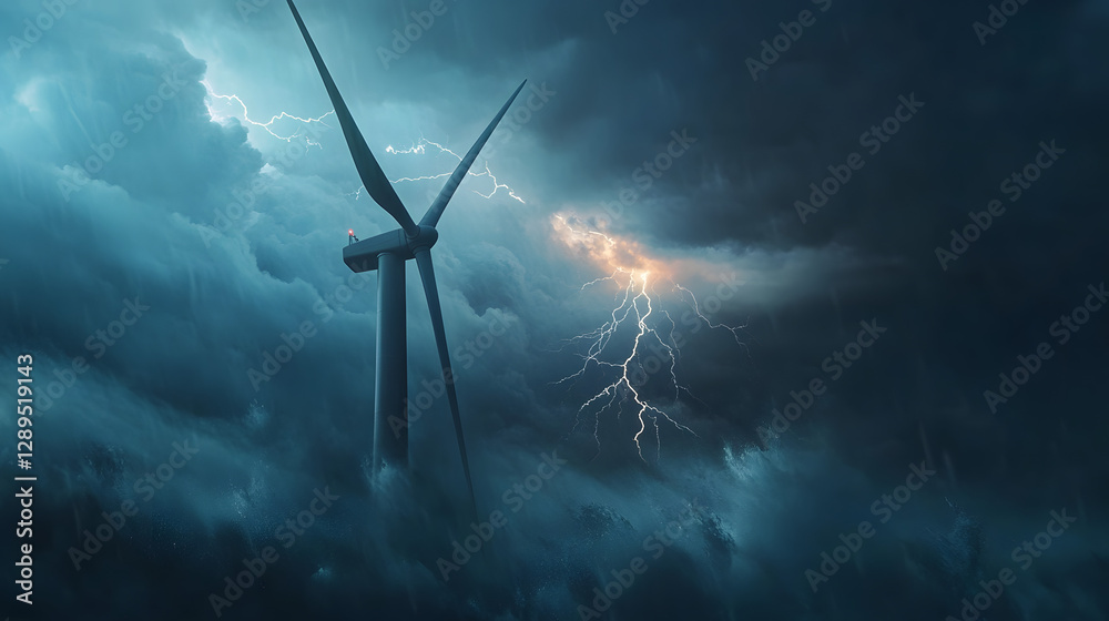 A dramatic image of a wind turbine with lightning striking in the background during a storm.