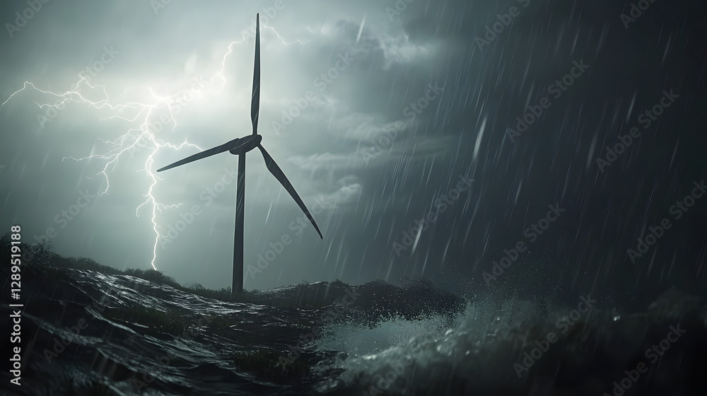 A dramatic image of a wind turbine with lightning striking in the background during a storm.