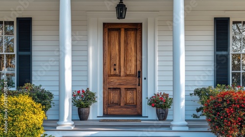 Elegant wooden front door on classic white house with symmetrical columns and vibrant plants photo