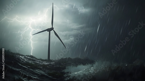 Obraz na płótnie A dramatic image of a wind turbine with lightning striking in the background during a storm. w salonie