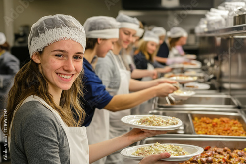 The young Caucasian woman volunteer smile warmly as they hand out plate of food. A team of volunteers in aprons and hairnets serves hot meals to people in need at a busy soup kitchen. 