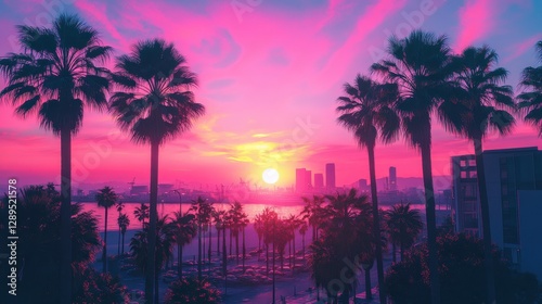 Vibrant sunset over urban landscape with palm trees and city skyline